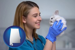 alabama map icon and young female vet caring for a bunny