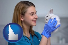 idaho map icon and young female vet caring for a bunny