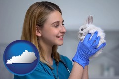 kentucky map icon and young female vet caring for a bunny