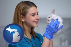 michigan map icon and young female vet caring for a bunny