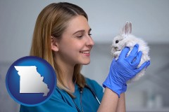 missouri map icon and young female vet caring for a bunny