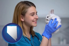 nevada map icon and young female vet caring for a bunny