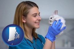 rhode-island map icon and young female vet caring for a bunny