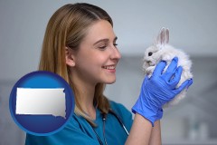 south-dakota map icon and young female vet caring for a bunny