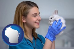 wisconsin map icon and young female vet caring for a bunny