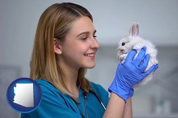 young female vet caring for a bunny - with Arizona icon