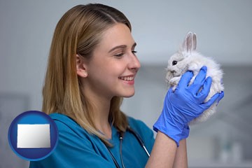 young female vet caring for a bunny - with Colorado icon