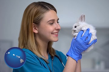 young female vet caring for a bunny - with Hawaii icon