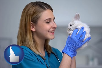 young female vet caring for a bunny - with Idaho icon