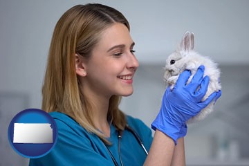 young female vet caring for a bunny - with Kansas icon