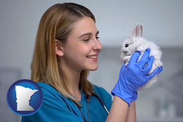 young female vet caring for a bunny - with Minnesota icon