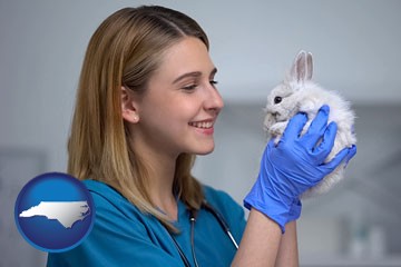 young female vet caring for a bunny - with North Carolina icon