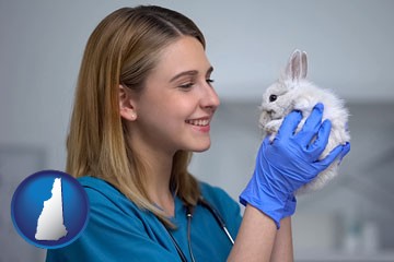 young female vet caring for a bunny - with New Hampshire icon
