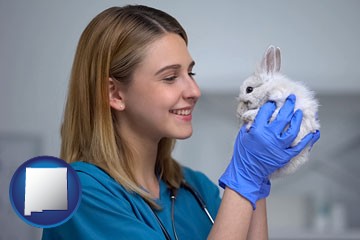 young female vet caring for a bunny - with New Mexico icon