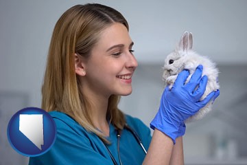 young female vet caring for a bunny - with Nevada icon