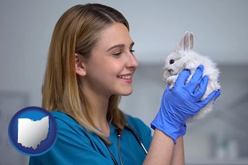 young female vet caring for a bunny - with Ohio icon
