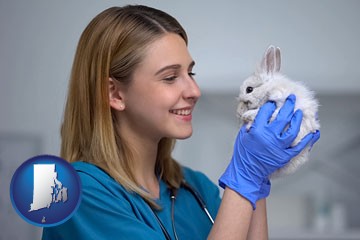 young female vet caring for a bunny - with Rhode Island icon
