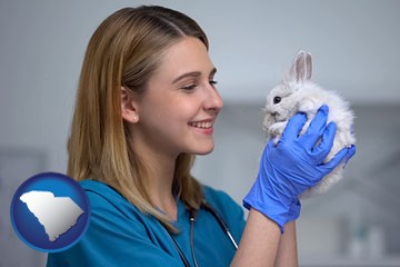 young female vet caring for a bunny - with South Carolina icon