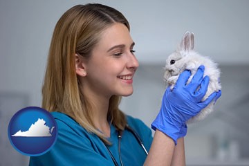 young female vet caring for a bunny - with Virginia icon