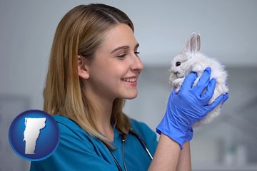 young female vet caring for a bunny - with Vermont icon
