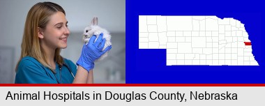 young female vet caring for a bunny; Douglas County highlighted in red on a map