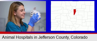 young female vet caring for a bunny; Jefferson County highlighted in red on a map