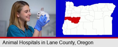 young female vet caring for a bunny; Lane County highlighted in red on a map