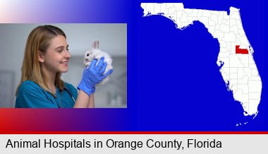 young female vet caring for a bunny; Orange County highlighted in red on a map
