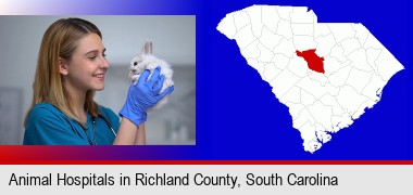 young female vet caring for a bunny; Richland County highlighted in red on a map