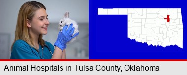 young female vet caring for a bunny; Tulsa County highlighted in red on a map