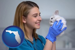 young female vet caring for a bunny - with FL icon