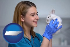 young female vet caring for a bunny - with TN icon