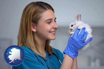 young female vet caring for a bunny - with Alaska icon