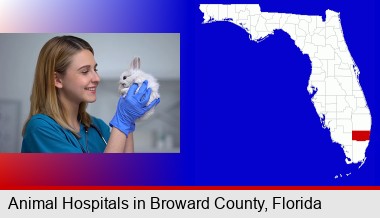 young female vet caring for a bunny; Broward County highlighted in red on a map