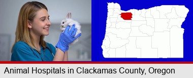 young female vet caring for a bunny; Clackamas County highlighted in red on a map