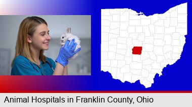 young female vet caring for a bunny; Franklin County highlighted in red on a map