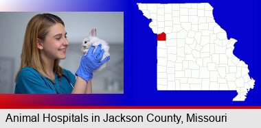 young female vet caring for a bunny; Jackson County highlighted in red on a map