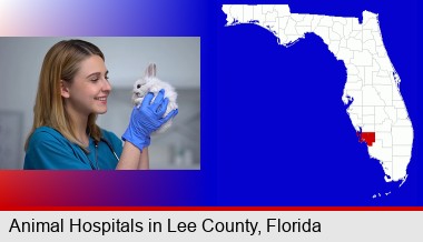 young female vet caring for a bunny; Lee County highlighted in red on a map