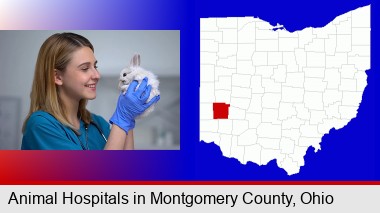 young female vet caring for a bunny; Montgomery County highlighted in red on a map