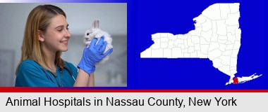 young female vet caring for a bunny; Nassau County highlighted in red on a map