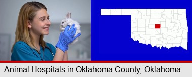 young female vet caring for a bunny; Oklahoma County highlighted in red on a map