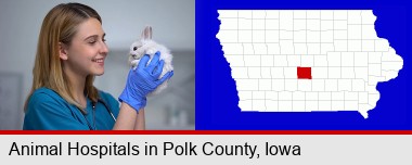 young female vet caring for a bunny; Polk County highlighted in red on a map