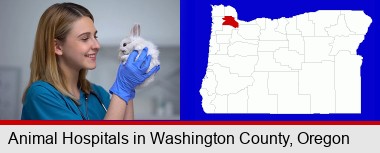 young female vet caring for a bunny; Washington County highlighted in red on a map